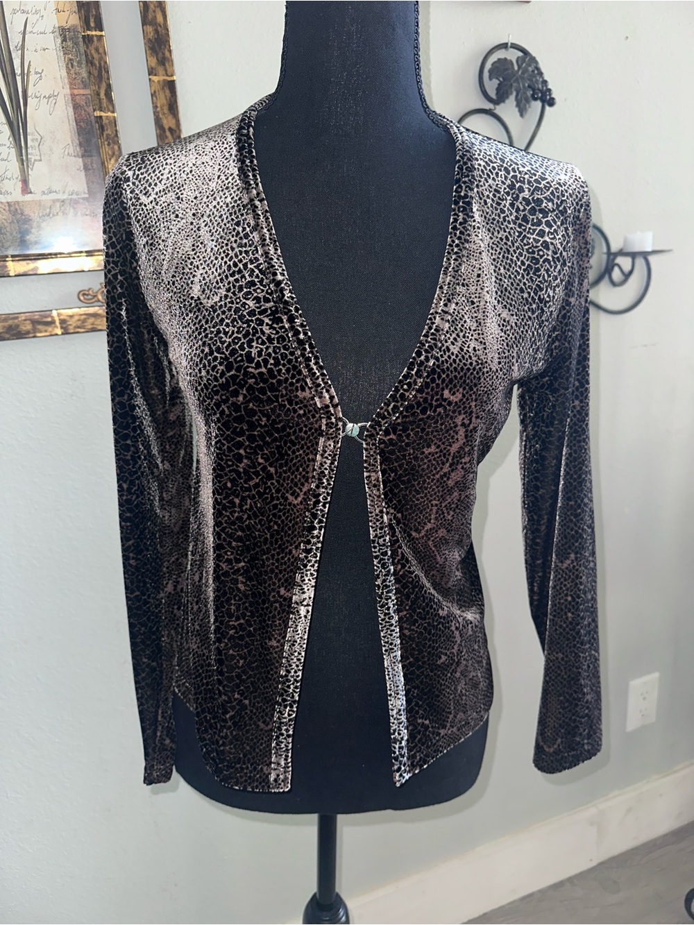 Vintage Harlow Velvet Open-Front Leopard Print Cardigan- Brown Black, Sz S